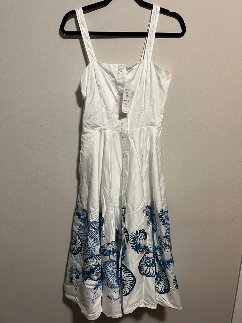 White House Black Market White Midi Dress with Blue Shell Print